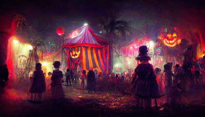 Obraz na płótnie Canvas halloween haunted fun faire at night, created with generative ai