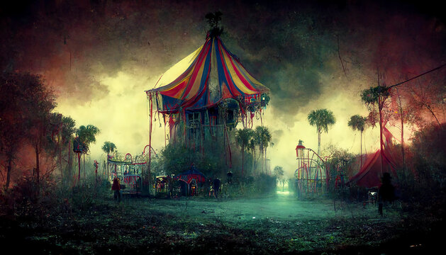 halloween abandoned haunted circus, abstract digital illustration, created with generative ai