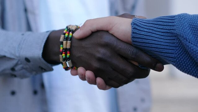 Multicultural handshake - male hands. Concept of agreement, closeness, respect