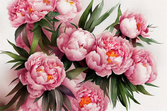 Pink peonies on a white background. Spring flowers bouquet. Watercolor illustration.
