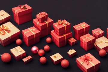 Christmas background packaging boxes. Christmas red presents of Santa Claus for holidays events and greetings cards. Decoration and wrapping paper or gift card templates. 3D illustration.