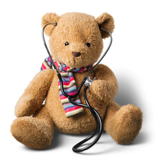 Adorable teddy bear, isolated on white, holding a stethoscope.