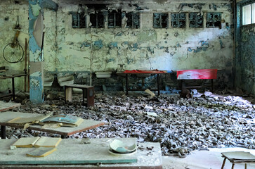 Ggas masks on the floor of Prypiat school, Chernobyl exclusion zone, Ukraine