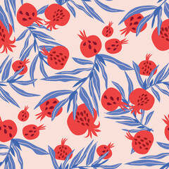 Vector seamless pattern of pomegranate. Red juicy fruit on a light background with leaves. Design for printing, Wallpaper, fabric, textiles, banner. Simple style
