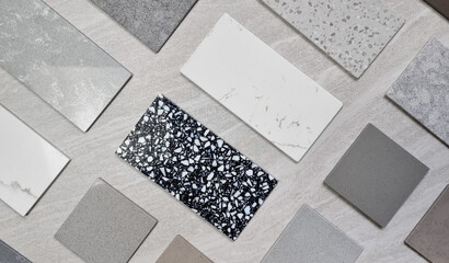 top view interior mood board. material samples palette contains various type, texture and color of...