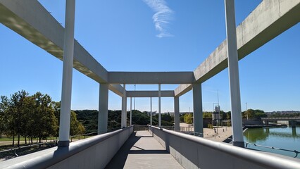 Bridge structure against a blue sky background