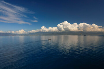 Beautiful view of Jamaica coast with some cargo ships at anchorage