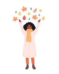 Black woman greeting autumn season. Happy woman playing with autumn foliage. Hello autumn. Hand drawn vector illustration