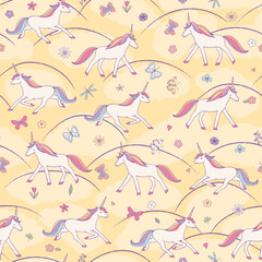 Unicorns animals vector seamless pattern.
