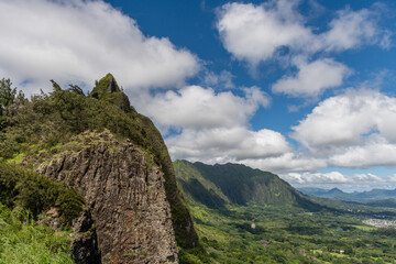 Scenic aerial vista of north east Oahu from the Nuuanu Pali lookout, Hawaii