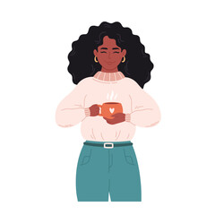 Black woman in sweater with cup of hot drink. Woman with coffee. Winter time, happy holidays, hygge. Hand drawn vector illustration