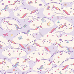 Unicorns animals vector seamless pattern.