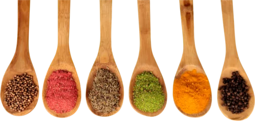Tafelkleed Various colorful spices in spoons on white table © BillionPhotos.com