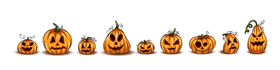 Set of Orange Halloween pumpkins, different types of Cartoon pumpkins. Scary Halloween pumpkin faces. Vector illustration