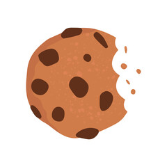 Flat vector illustration of a half-eaten cookie with chocolate chips. A sweet snack. Isolated design on a white background.