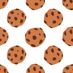 Flat vector seamless pattern of chocolate chip cookies. A sweet snack. Isolated design on a white background.