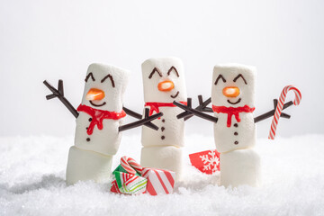 Happy funny marshmallow snowman are having fun in snow. Merry Christmas card. Christmas concept