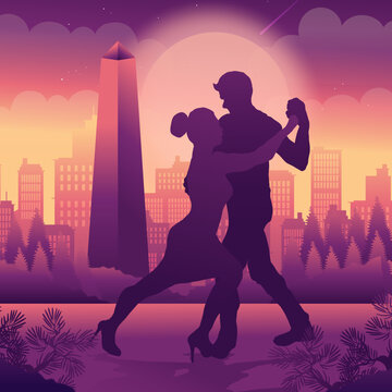 Vector colorful illustration with silhouette of couple dancing argentine tango on Argentina background