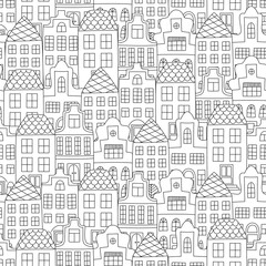 Fototapeta premium Seamless pattern with doodle style houses. Vector illustration in black and white for scrapbooking, wrapping paper, fabric, textile.