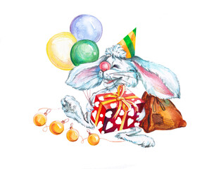 Rabbit with balloons,gift box,cap isolated on  white background; New Year's holiday.Watercolor illustration.