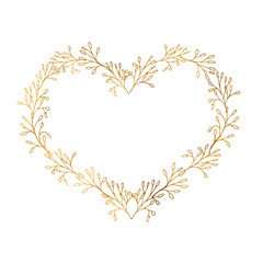 Golden floral wreath frame Hearts floral golden wreath. Gold Colored Flower Wreath. Floral Vector Design Element for invite