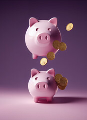 Two piggy banks one over another with falling gold coins on purple background depicting compound interest, 3D illustration