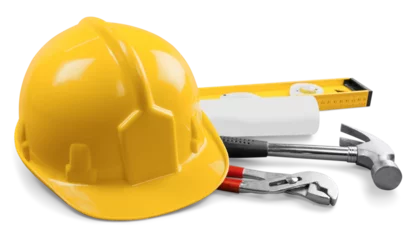 Deurstickers Yellow hard hat and tools on background © BillionPhotos.com