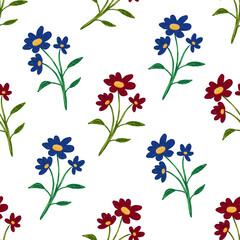 beautiful hand drawn red and blue flowers seamless pattern for print and fashion or wallpaper