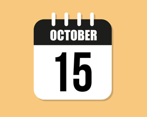 15 day october icon. Black and white october month calendar vector on orange background.