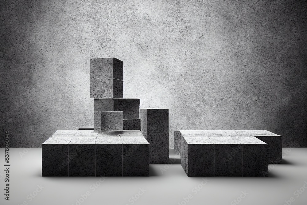 Poster , abstract background with white cobblestone ruins and broken blocks levitating. modern minimal show