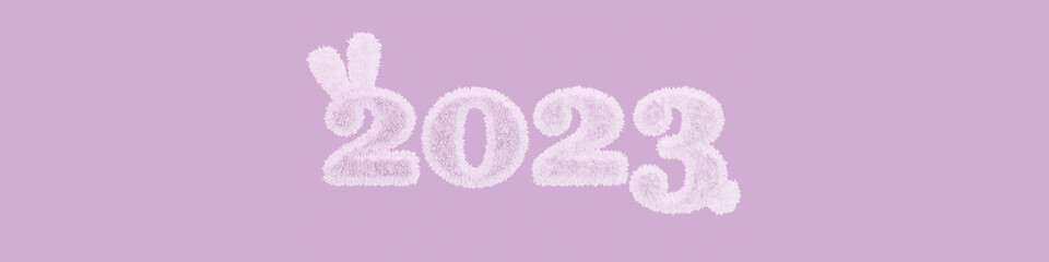 Fototapeta premium Figures or numbers for the upcoming new year 2023. They are made in the texture of a fluffy white rabbit on a pink background. 3D rendering