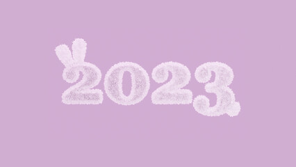 Figures or numbers for the upcoming new year 2023. They are made in the texture of a fluffy white rabbit on a pink background. 3D rendering