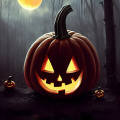 Huge Halloween Jack o Lantern Pumpkin With Two Little Ones, Foggy Forest And Moon