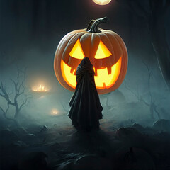 Spooky Halloween Witch Summonst Big Jack o Lantern Pumpkin, Moon And Misty Forest Background