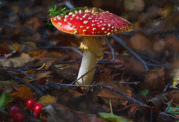 Digital abstract oil painting of Fly Agaric in a woodland setting.