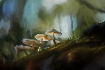 Digital abstract oil painting of fantasy glowing mushrooms in an enchanted forest.