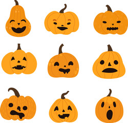 Set of Halloween scary pumpkins. Flat style vector spooky creepy pumpkins. Cartoon hand drawn halloween design. Icons for Halloween decoration. Smiling pumpkins isolated on white background.