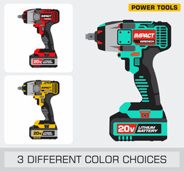 Impact Wrench Cordless Power Tool in three different color choices vector illustration
