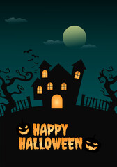 Happy Halloween Poster and greeting card with Jack-o'-lantern, Witch Castle, and Dark Green Color. Suitable to use on Halloween event. Also suitable for uploading social media at Halloween events