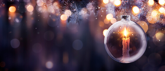 Christmas Hope - Advent Candle With Bright Flame In Ball Hanging Tree With Defocused Background -...