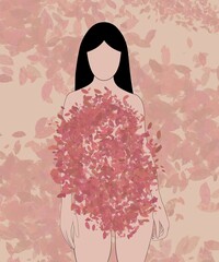 Fototapeta premium vertical illustration. isolated girl without a face, who has a delicately red dress made of leaves on a beige background, on which the leaves swirl