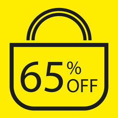 65 percent off. Yellow banner with shopping bag illustration.