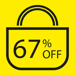 67 percent off. Yellow banner with shopping bag illustration.