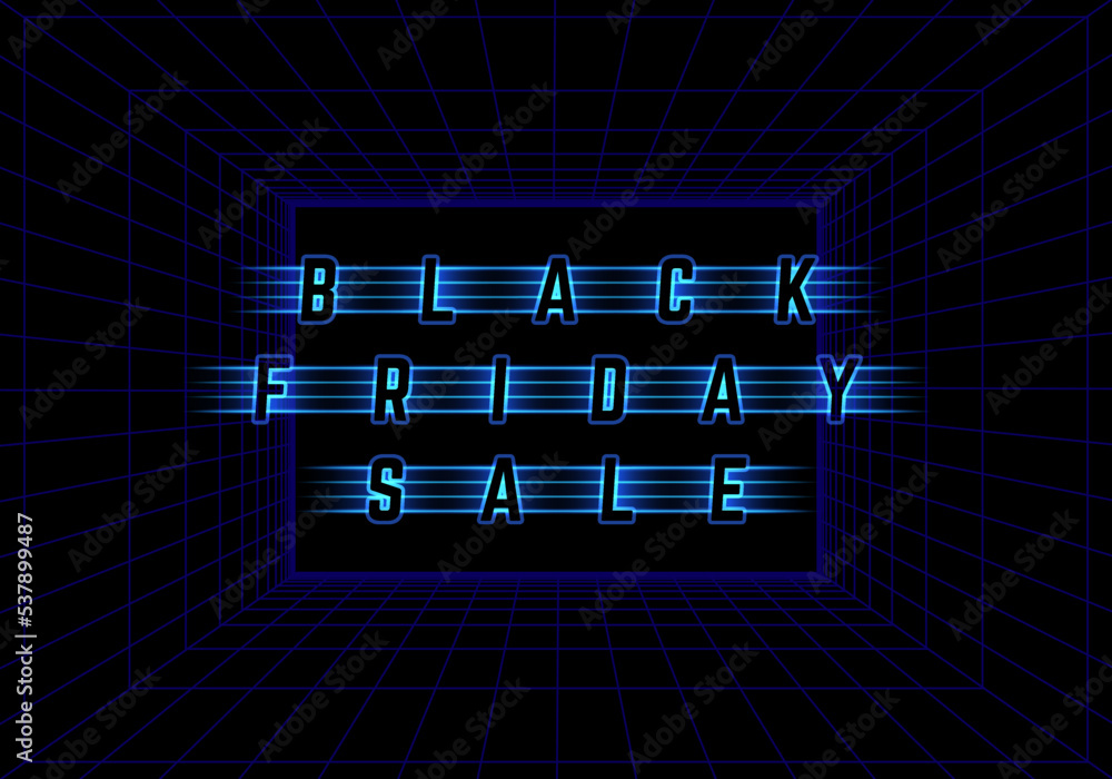 Aufkleber black friday design with neon light frame. neon text on dark background with glowing grid. vector ad