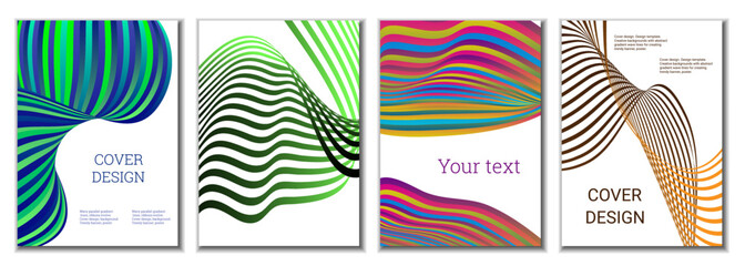 A set of 4 abstract covers. Wavy parallel gradient lines, ribbons evolve. Cover design, background. Trendy banner, poster.