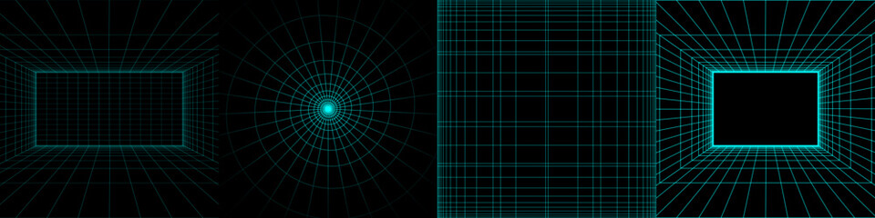 Set of Abstract Futuristic Backgrounds with Grid . Vector Dark Modern Illustration with Neon Lines
