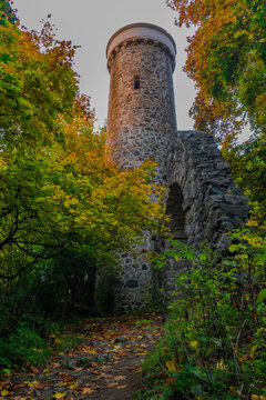 Hamelika stone lookout tower in autumn sunny color evening