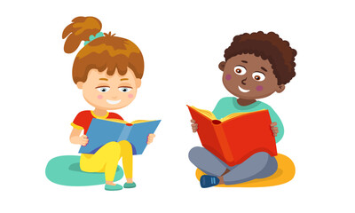 Cute two little kids sitting on the mat and reading a book. Vector illustration on white background.