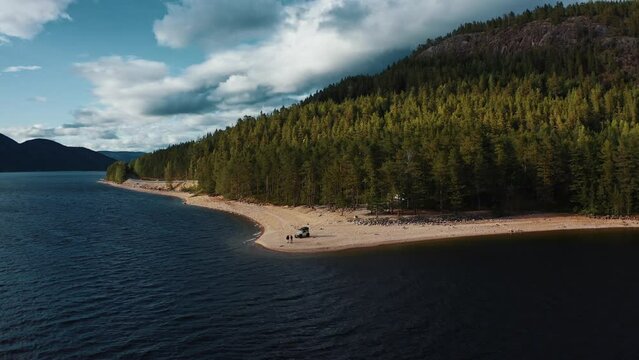 Beautiful blue lake, theme vanlife telemark region norway, aerial shot