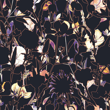 Trendy dark Floral pattern in the many kind of flowers. Botanical Motifs scattered random. Seamless vector texture. for fashion prints. Printing with in hand drawn style on black background.
